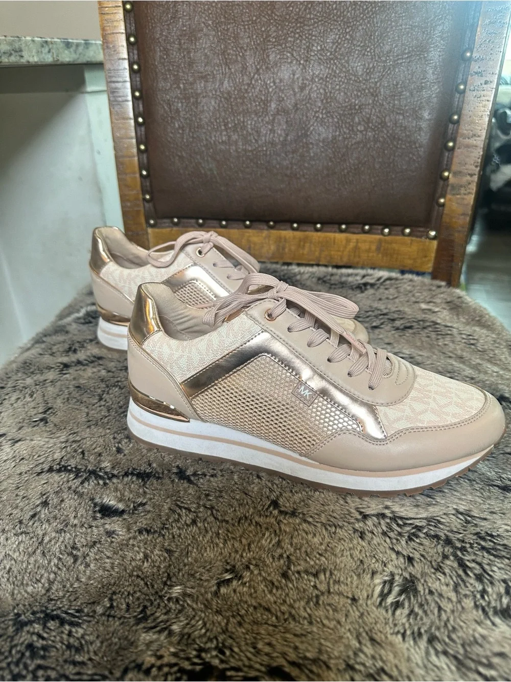 NWOB Michael Kors Maddy Two-Tone Logo & Mesh Trainer Pink Rose Gold Sneakers,9.5
